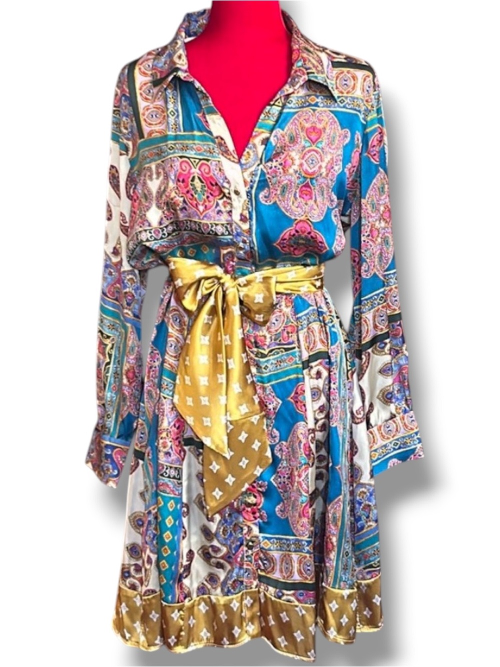 ZARA Paisley Print Midi Dress Custom Gold Hem & Sash Belt Boho LRG